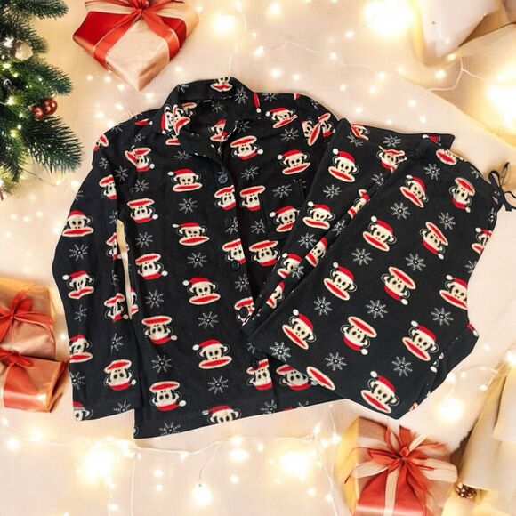 Paul Frank Pajama Set 2010 Women's Small Black Julius Monkey Print Fleece Y2K - Picture 1 of 16